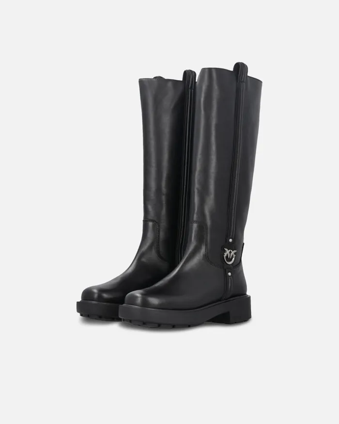 Pinko High Leather Boots With Logo Detail Limo Black Women Boots