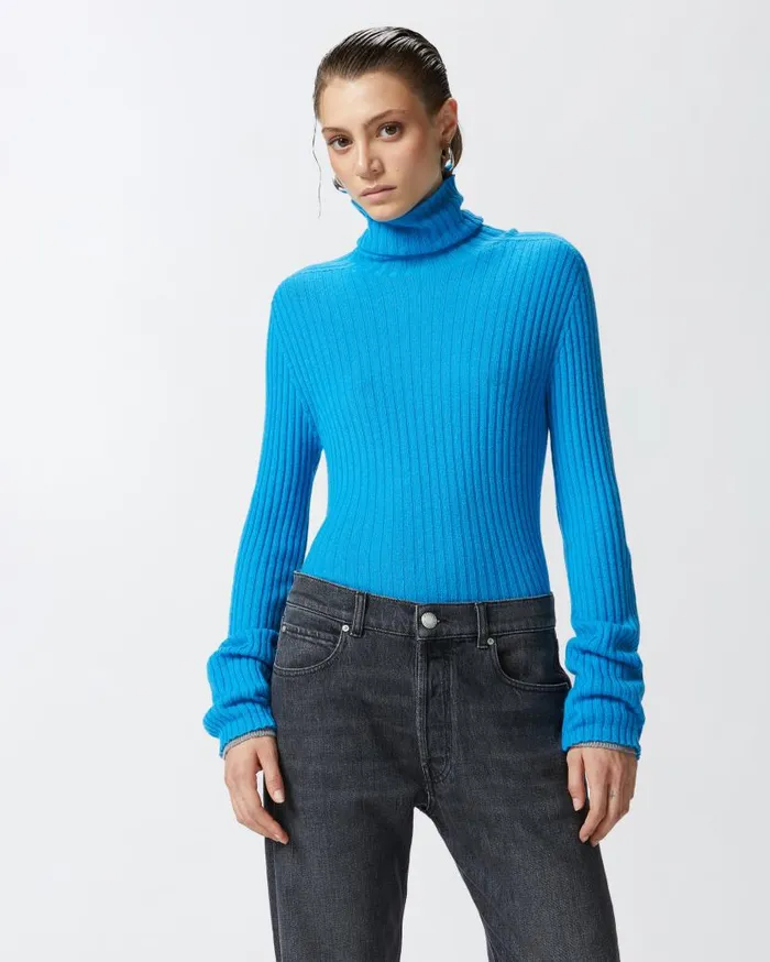 Pinko Highneck Ribbed Cashmereblend Sweater With Lurex Cuffs Turquoisegrey Women Knitwear