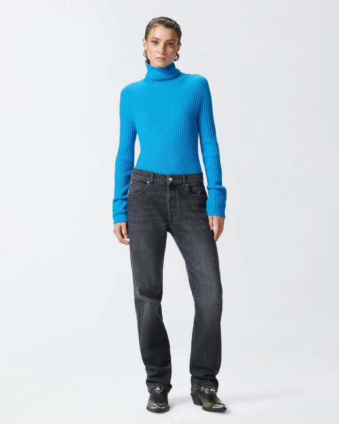 Pinko Highneck Ribbed Cashmereblend Sweater With Lurex Cuffs Turquoisegrey Women Knitwear