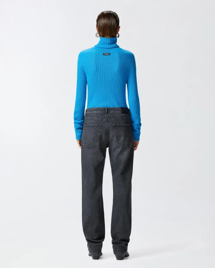 Pinko Highneck Ribbed Cashmereblend Sweater With Lurex Cuffs Turquoisegrey Women Knitwear
