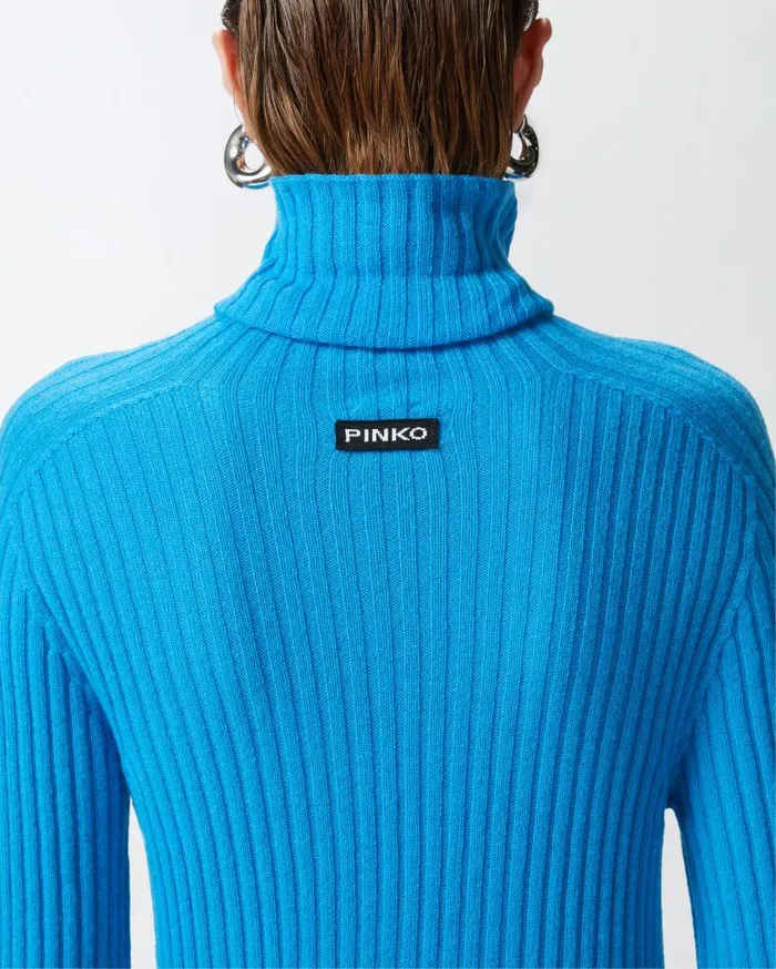 Pinko Highneck Ribbed Cashmereblend Sweater With Lurex Cuffs Turquoisegrey Women Knitwear
