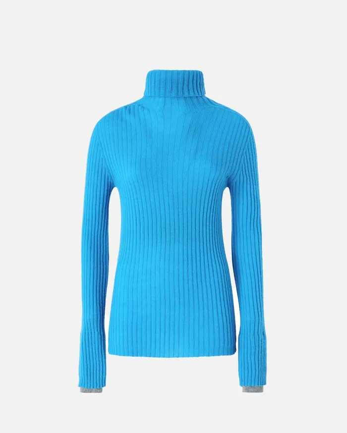Pinko Highneck Ribbed Cashmereblend Sweater With Lurex Cuffs Turquoisegrey Women Knitwear