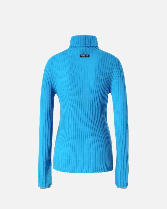 Pinko Highneck Ribbed Cashmereblend Sweater With Lurex Cuffs Turquoisegrey Women Knitwear