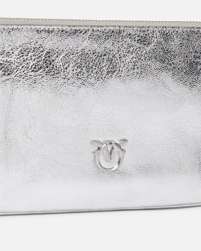 Pinko Laminated Leather Clutch With Shoulder Strap Limo Black Block Colour Women Leather Goods