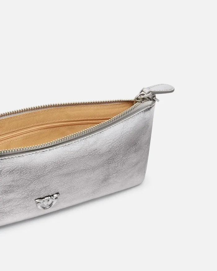 Pinko Laminated Leather Clutch With Shoulder Strap Limo Black Block Colour Women Leather Goods