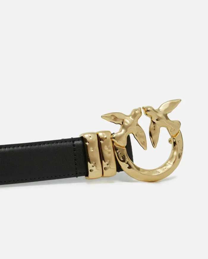 Pinko Leather Belt With Hammered Metal Buckle 3 Cm Blacklight Gold Women Belts