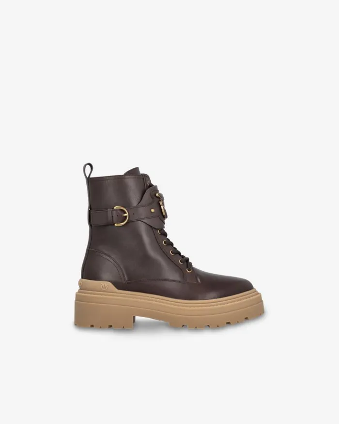 Pinko Leather Combat Boots With Branded Front Strap Peppercorn Women Boots