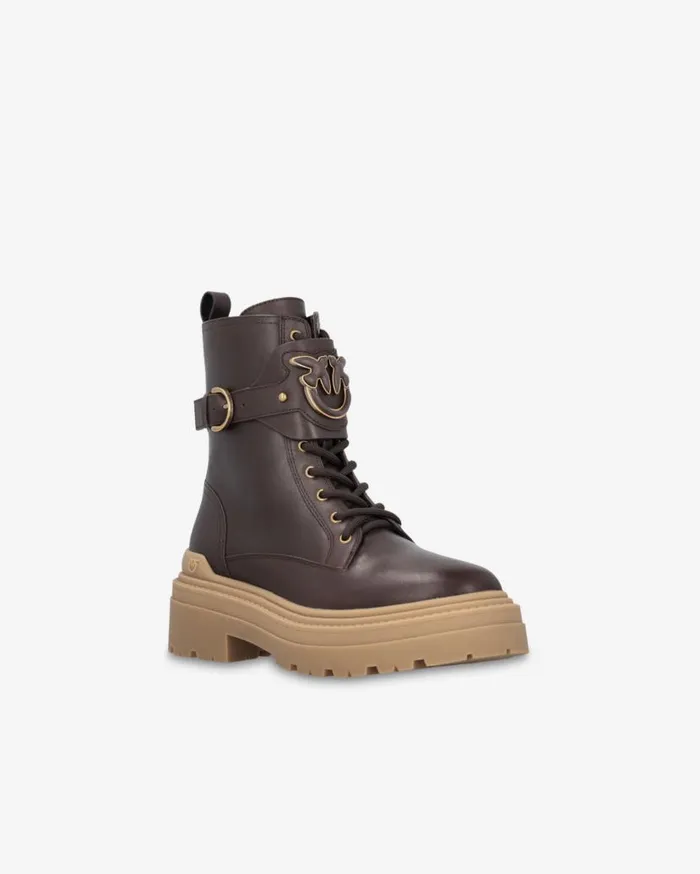 Pinko Leather Combat Boots With Branded Front Strap Peppercorn Women Boots