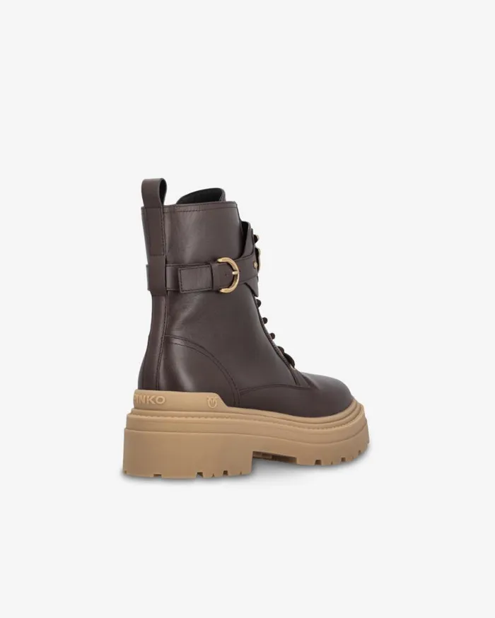 Pinko Leather Combat Boots With Branded Front Strap Peppercorn Women Boots