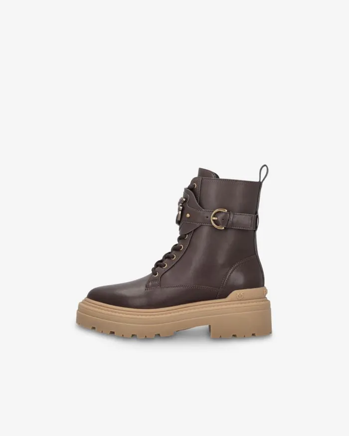 Pinko Leather Combat Boots With Branded Front Strap Peppercorn Women Boots