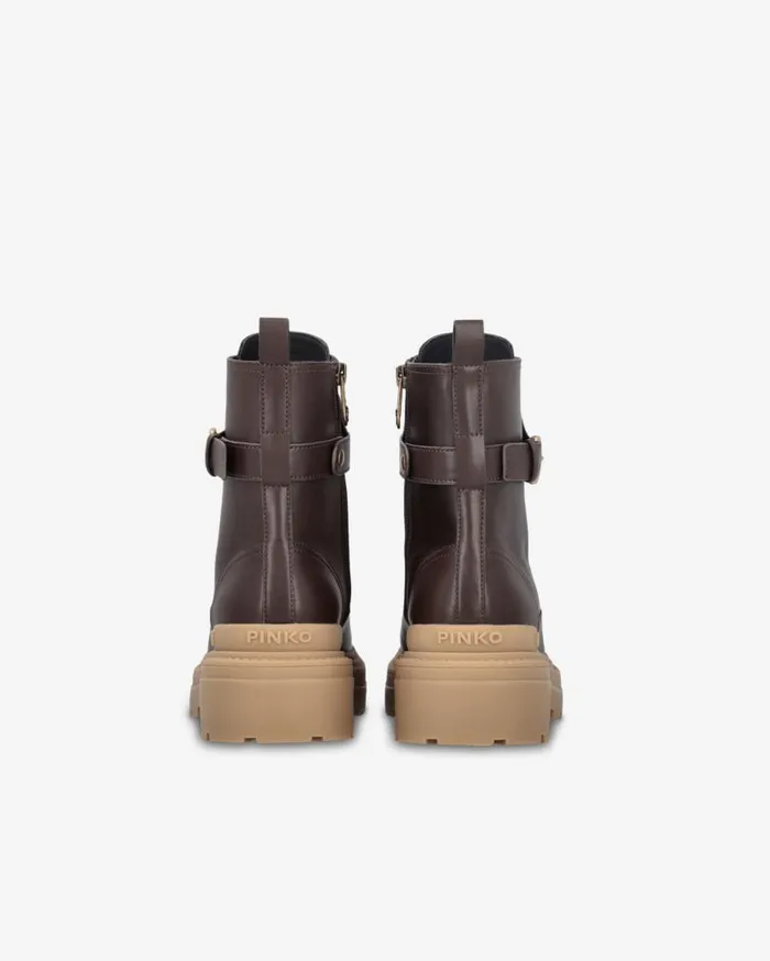 Pinko Leather Combat Boots With Branded Front Strap Peppercorn Women Boots