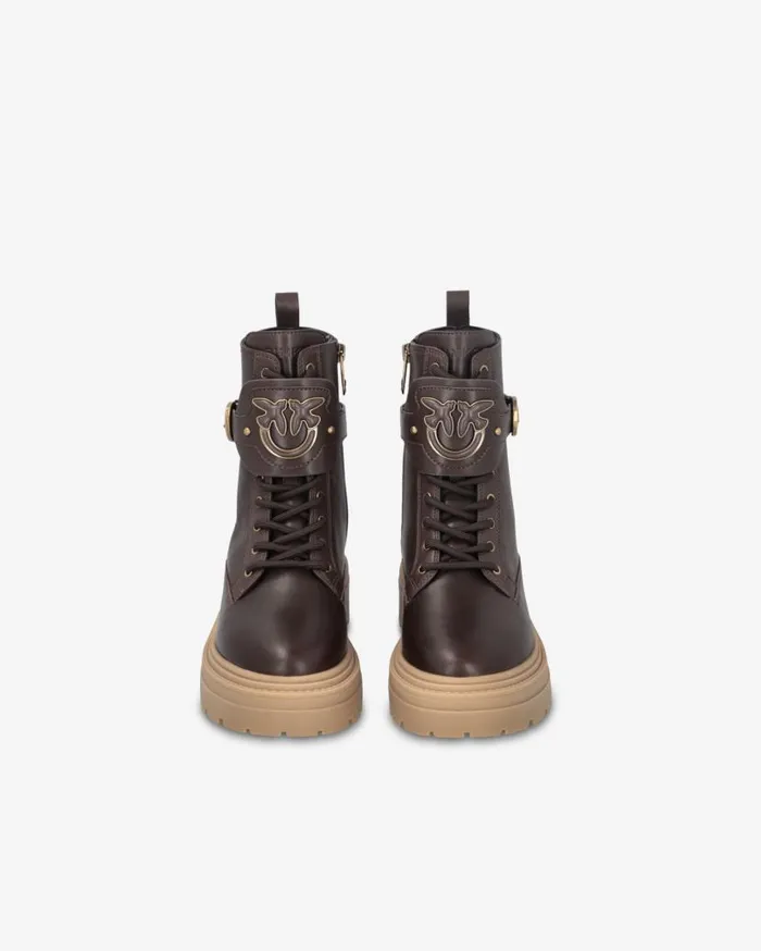 Pinko Leather Combat Boots With Branded Front Strap Peppercorn Women Boots