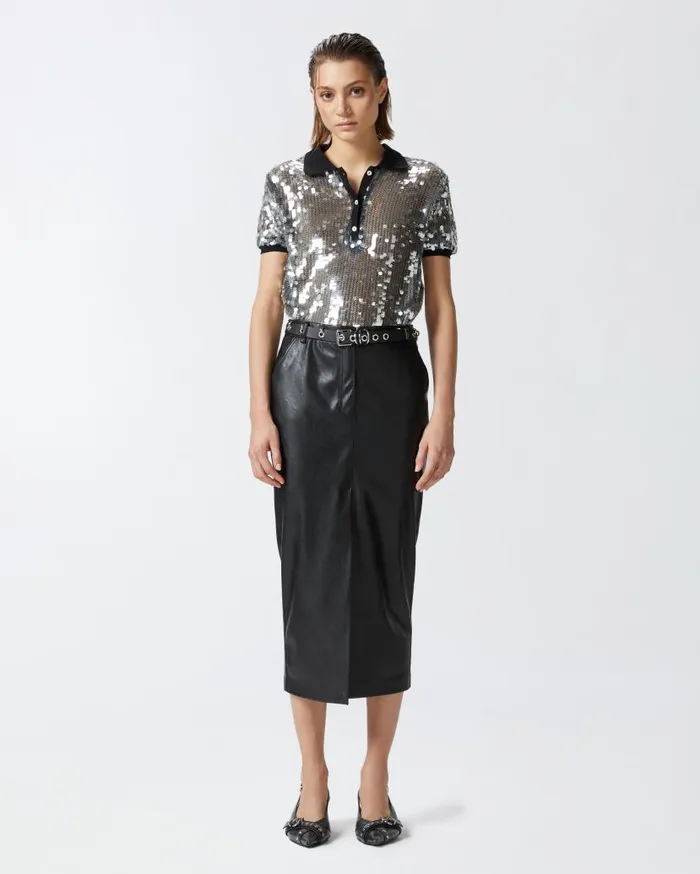 Pinko Leathereffect Midi Skirt With Slit At The Hem Limo Black Women Skirts