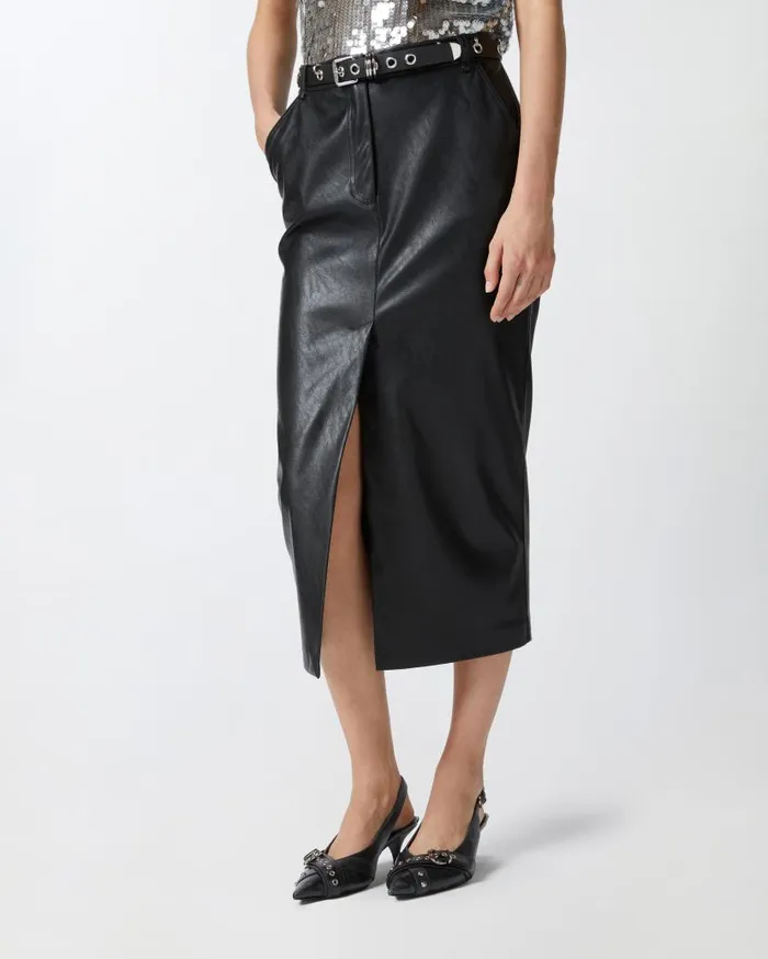 Pinko Leathereffect Midi Skirt With Slit At The Hem Limo Black Women Skirts