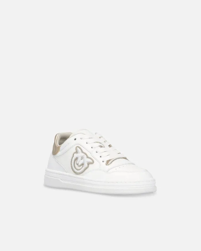 Pinko Leather Sneakers With Embroidered Side Logo Whitelight Gold Women Sneakers