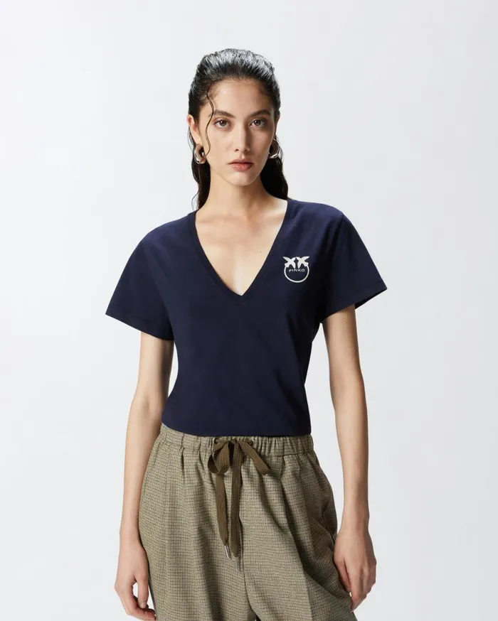 Pinko Logo Print Vneck Tshirt Total Eclipse Blue Women Topwear