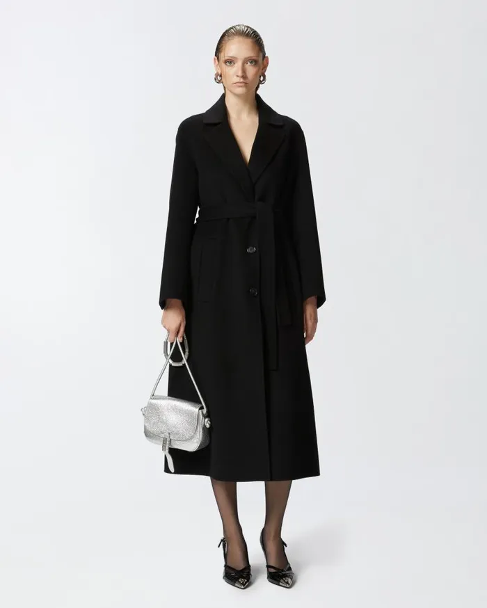 Pinko Long Doublelayered Cloth Coat With Belt Limo Black Women Outerwear