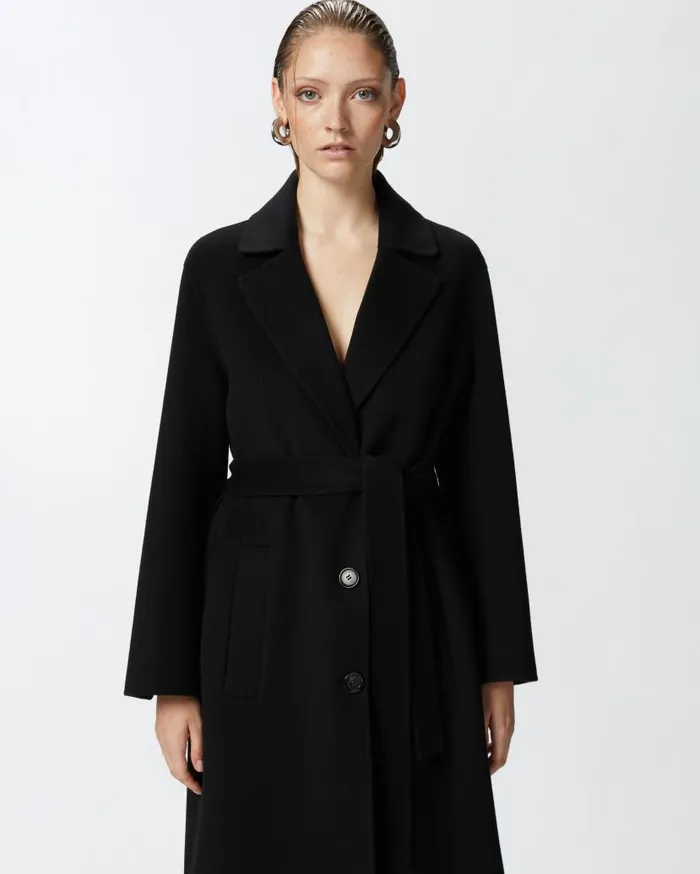 Pinko Long Doublelayered Cloth Coat With Belt Limo Black Women Outerwear