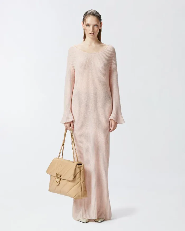 Pinko Long Dress In Light Veileffect Ribbed Knit Fabric Smoky Pink Women Dresses