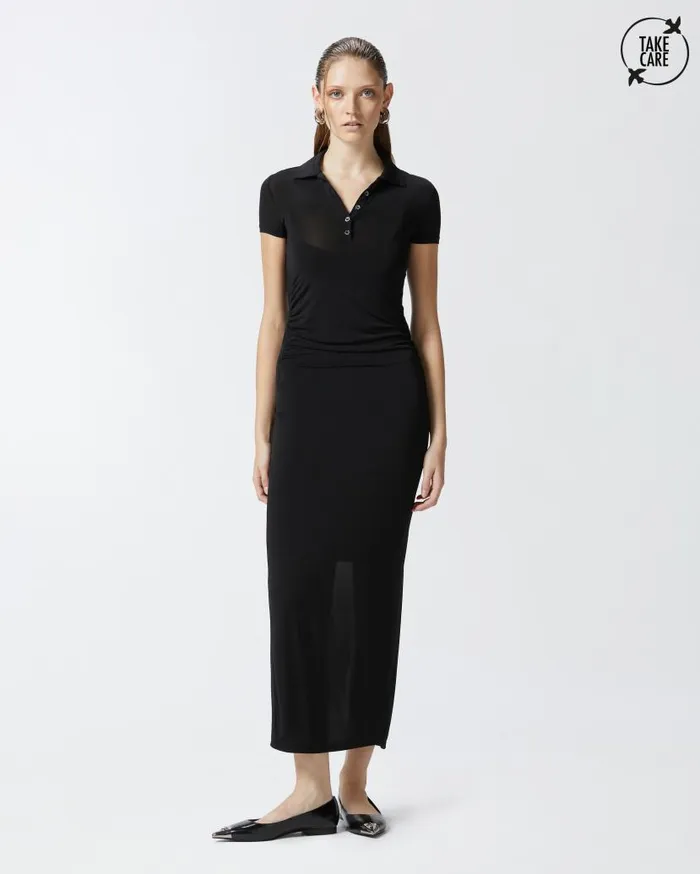 Pinko Long Polo Dress In Lightweight Jersey Limo Black Women Dresses