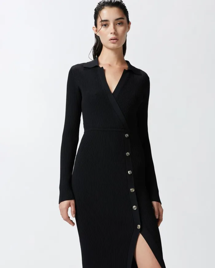 Pinko Long Ribbed Knit Dress With Golden Buttons Limo Black Women Dresses