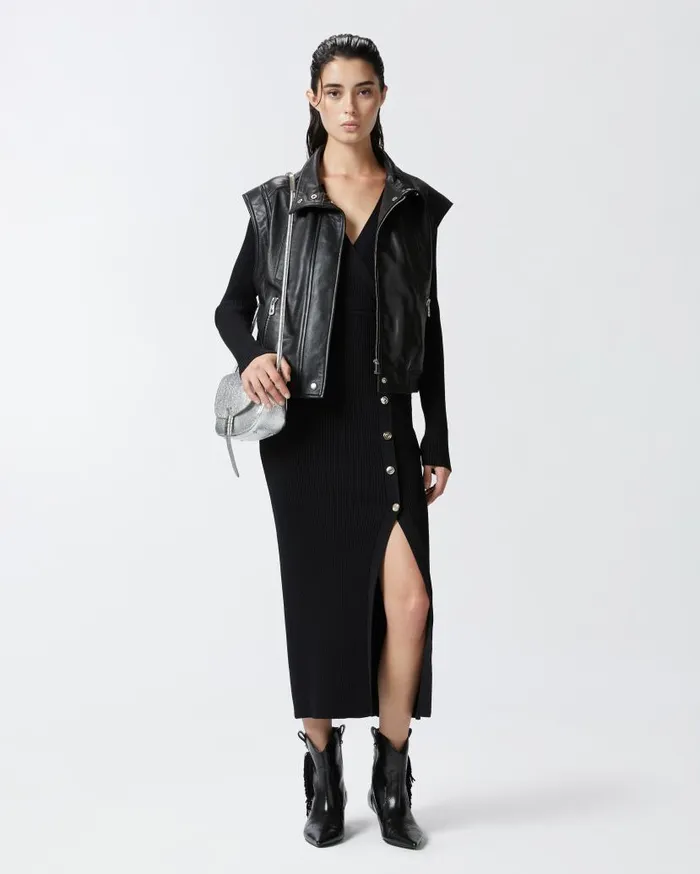 Pinko Long Ribbed Knit Dress With Golden Buttons Limo Black Women Dresses