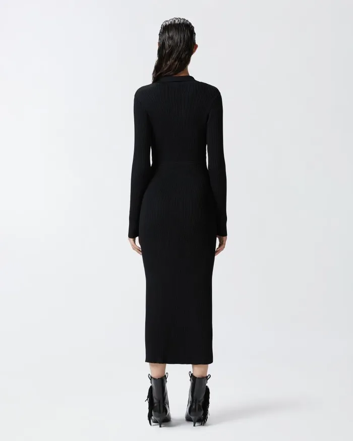 Pinko Long Ribbed Knit Dress With Golden Buttons Limo Black Women Dresses