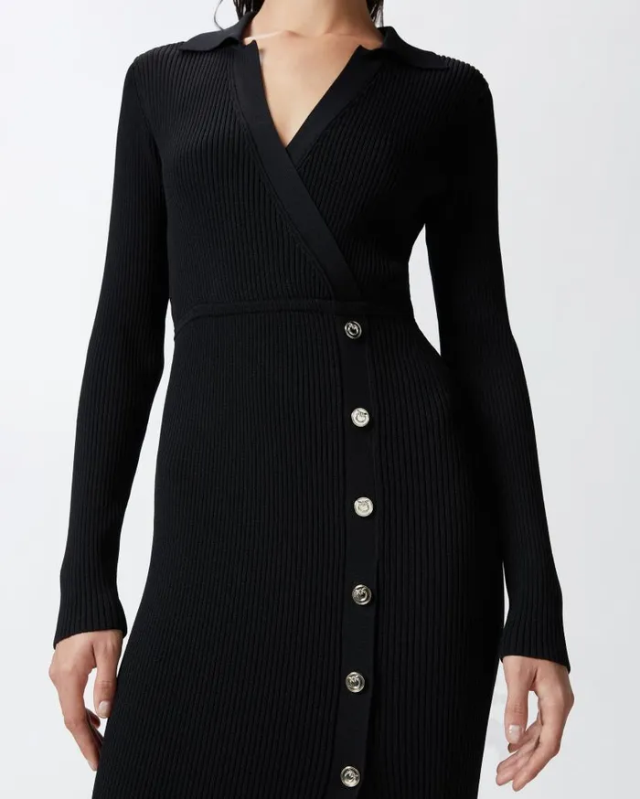 Pinko Long Ribbed Knit Dress With Golden Buttons Limo Black Women Dresses