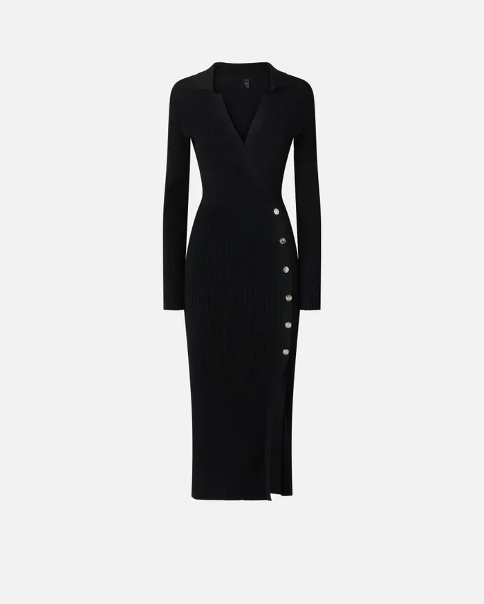 Pinko Long Ribbed Knit Dress With Golden Buttons Limo Black Women Dresses