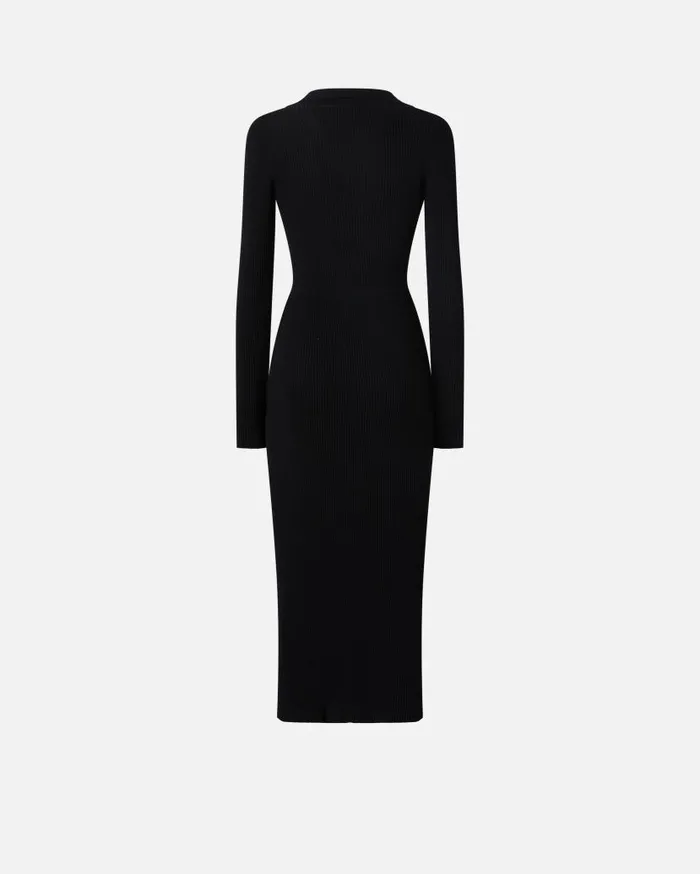 Pinko Long Ribbed Knit Dress With Golden Buttons Limo Black Women Dresses