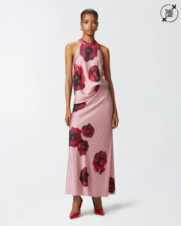 Pinko Long Satin Skirt With Floral Print Pinkred Women Skirts