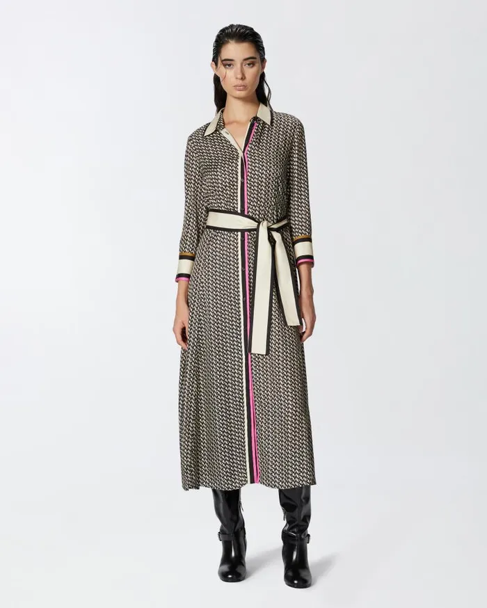 Pinko Long Shirt Dress With Foulard Print Multi Beigeblack Women Dresses