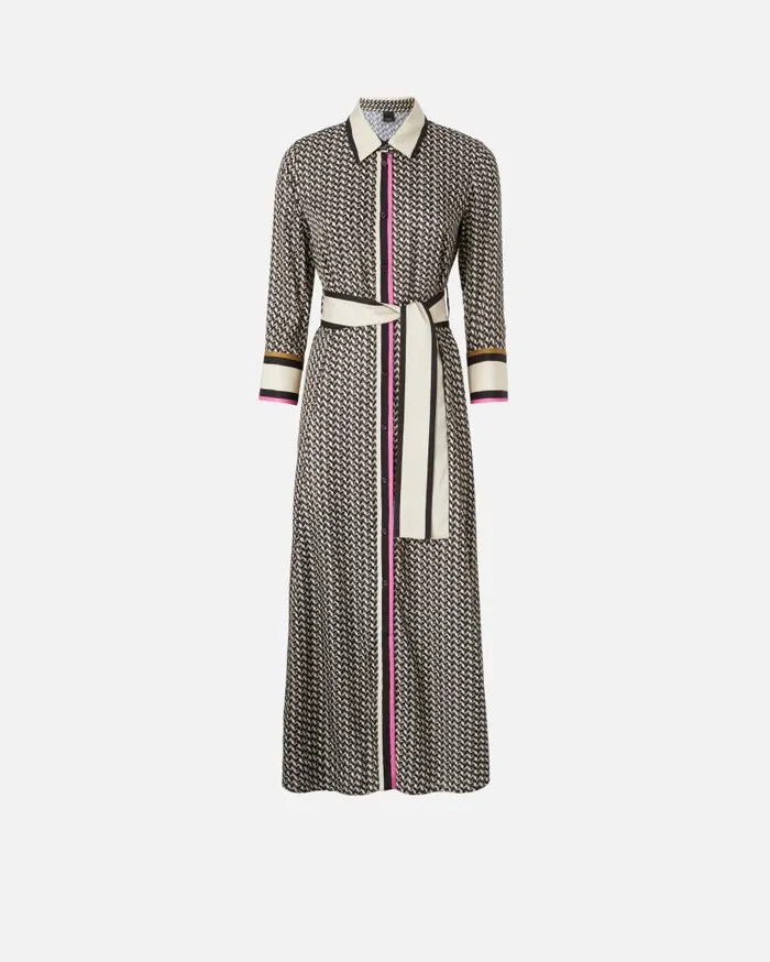 Pinko Long Shirt Dress With Foulard Print Multi Beigeblack Women Dresses