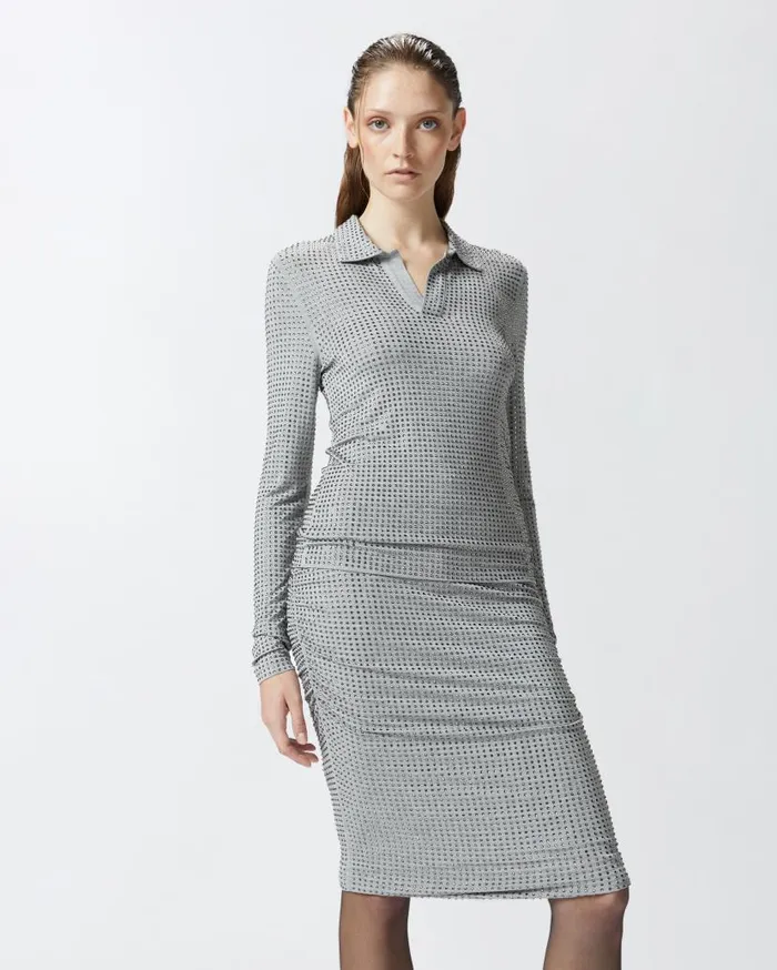 Pinko Longsleeved Jersey Polo With Rhinestones Drizzle Grey Women Topwear