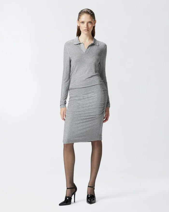 Pinko Longsleeved Jersey Polo With Rhinestones Drizzle Grey Women Topwear