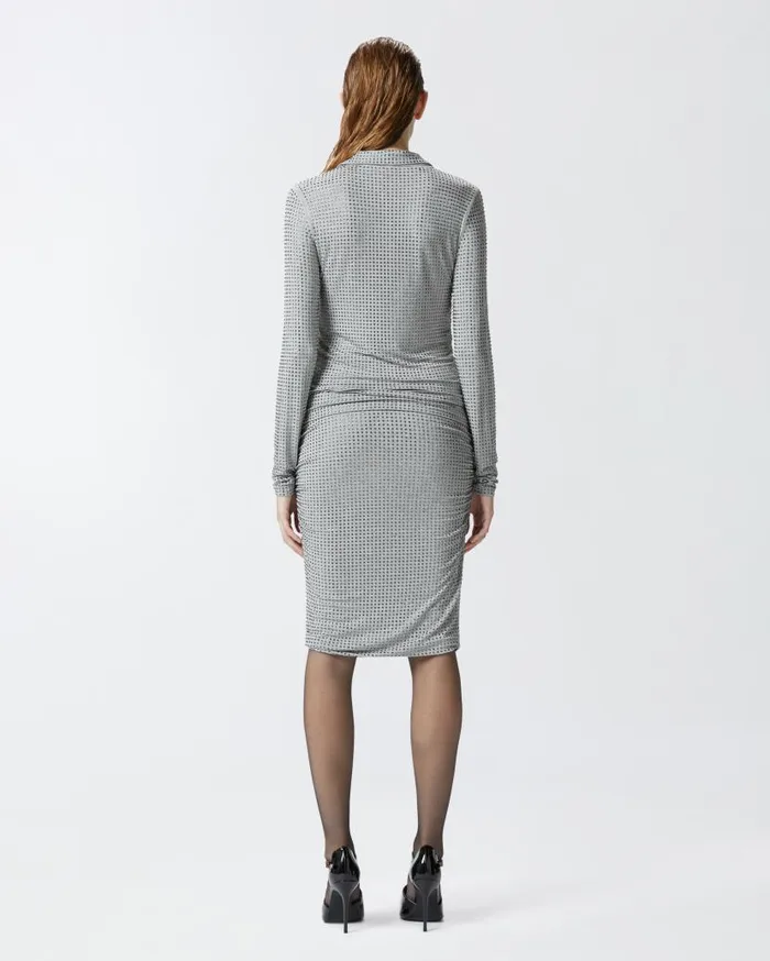 Pinko Longsleeved Jersey Polo With Rhinestones Drizzle Grey Women Topwear