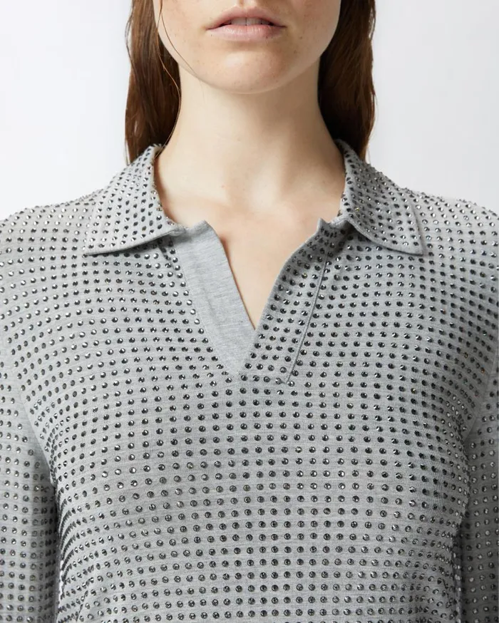 Pinko Longsleeved Jersey Polo With Rhinestones Drizzle Grey Women Topwear