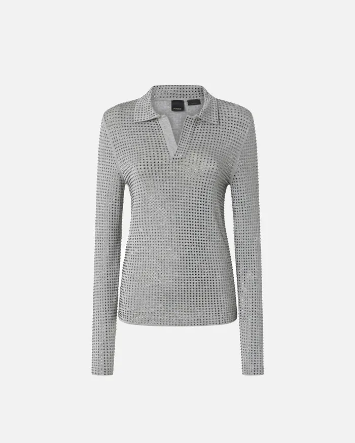 Pinko Longsleeved Jersey Polo With Rhinestones Drizzle Grey Women Topwear