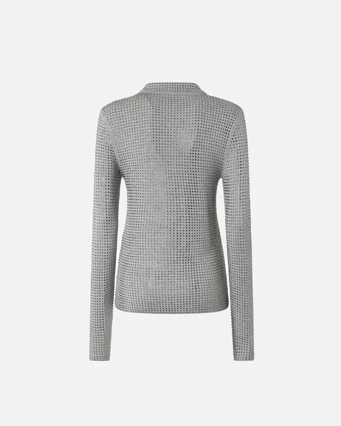 Pinko Longsleeved Jersey Polo With Rhinestones Drizzle Grey Women Topwear