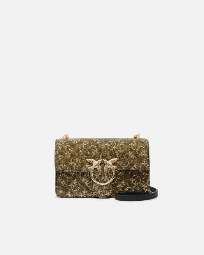 Pinko Mini Love Bag Leather Crossbody Bag With Monogram Rhinestone Bronzegoldgold Women Evening Bags