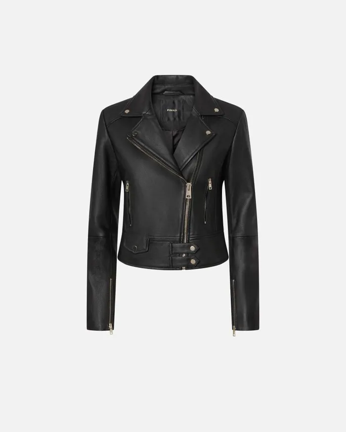 Pinko Nappa Leather Biker Jacket Limo Black Women Outerwear