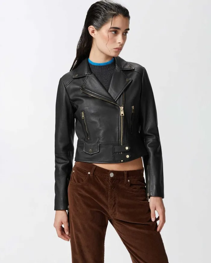 Pinko Nappa Leather Biker Jacket Limo Black Women Outerwear