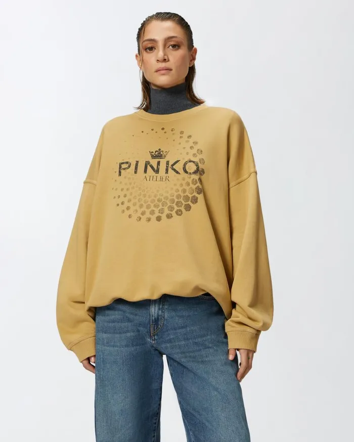 Pinko Oversized Sweatshirt WithAtelier Print Beige Women Sweatshirts