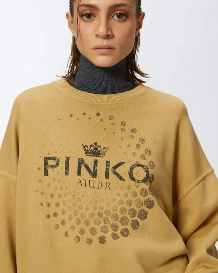 Pinko Oversized Sweatshirt WithAtelier Print Beige Women Sweatshirts