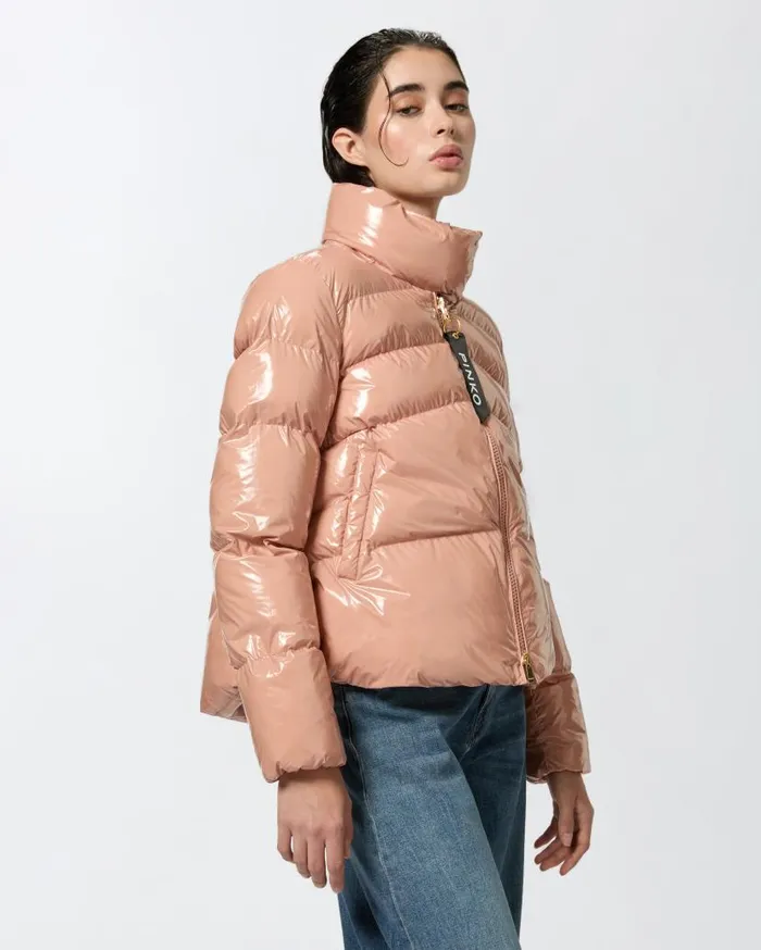 Pinko Padded Crystal Nylon Pea Jacket Peach Beige Women Outerwear