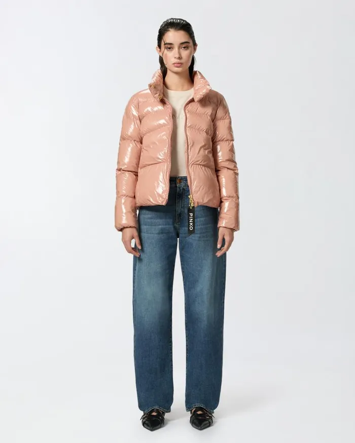 Pinko Padded Crystal Nylon Pea Jacket Peach Beige Women Outerwear