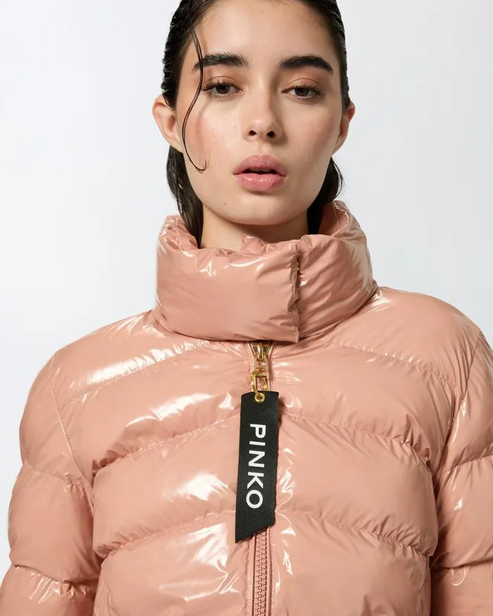 Pinko Padded Crystal Nylon Pea Jacket Peach Beige Women Outerwear