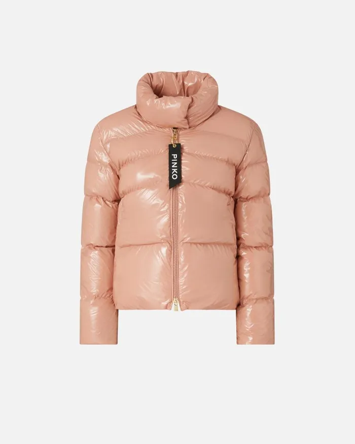 Pinko Padded Crystal Nylon Pea Jacket Peach Beige Women Outerwear