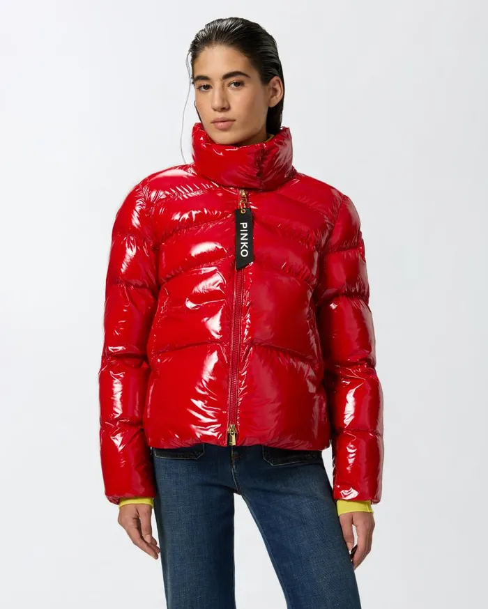 Pinko Padded Crystal Nylon Pea Jacket Salsa Red Women Outerwear