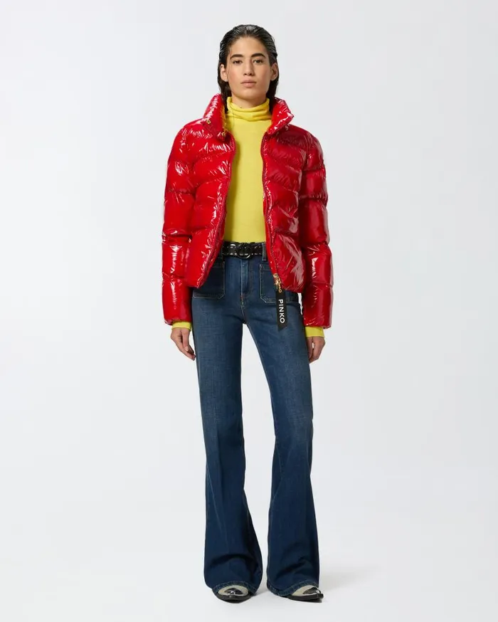 Pinko Padded Crystal Nylon Pea Jacket Salsa Red Women Outerwear